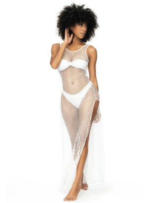 Robe de plage en grosse résille blanche - MAL77013WHT